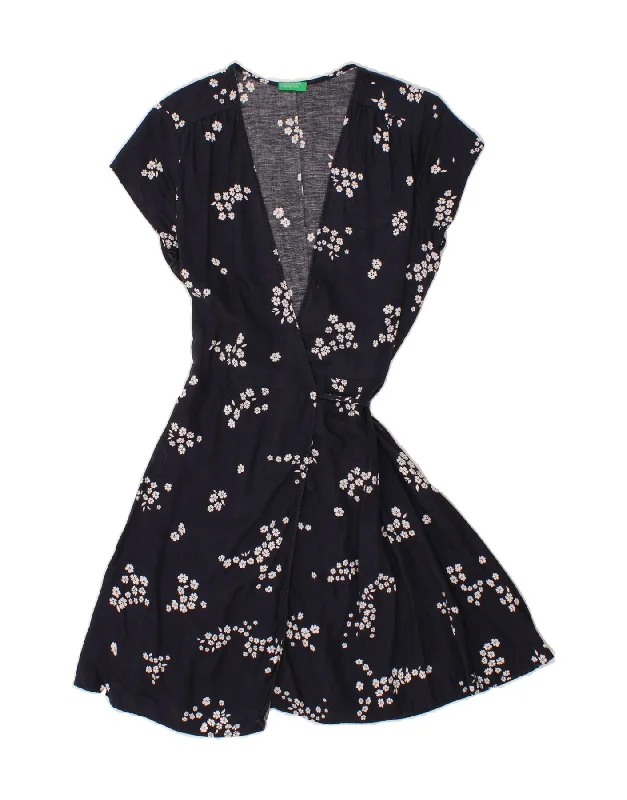 BENETTON Womens Wrap Dress UK 12 Medium Navy Blue Floral Comfortable T-shirt Wrap Dress