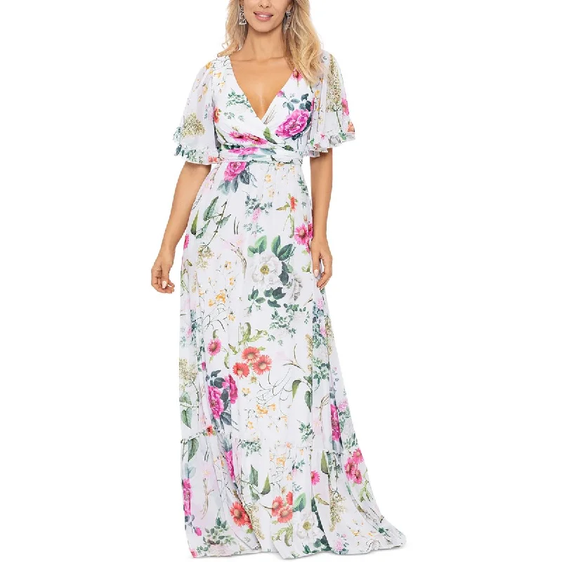 Betsy & Adam Womens Chiffon Floral Maxi Dress Trendy Maxi Dress with Bow