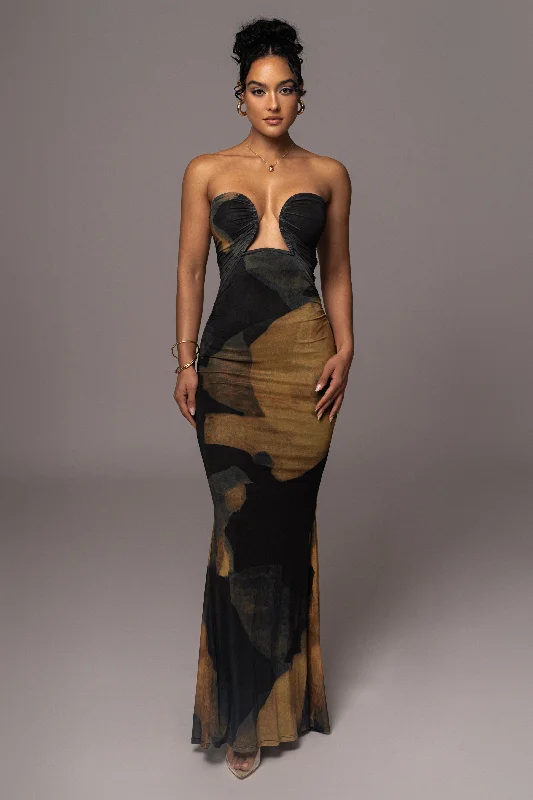 Black Abstract Bethany Strapless Maxi Dress Cozy Knit Maxi Dress