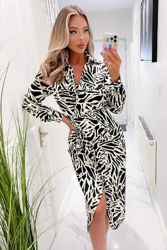 Black and Stone Printed Midi Wrap Dress Trendy Wrap Dress with V-neck