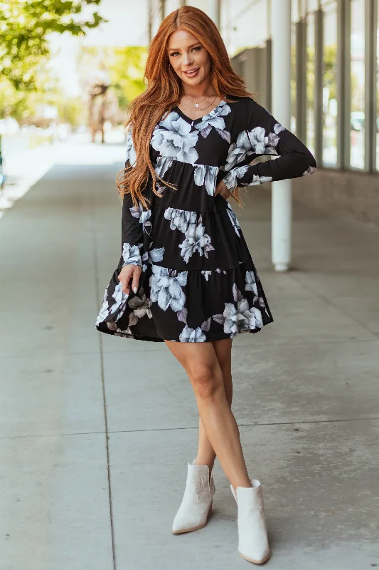 Black Floral Print Tiered V Neck Mini Dress Chic Tropical Mini Dress