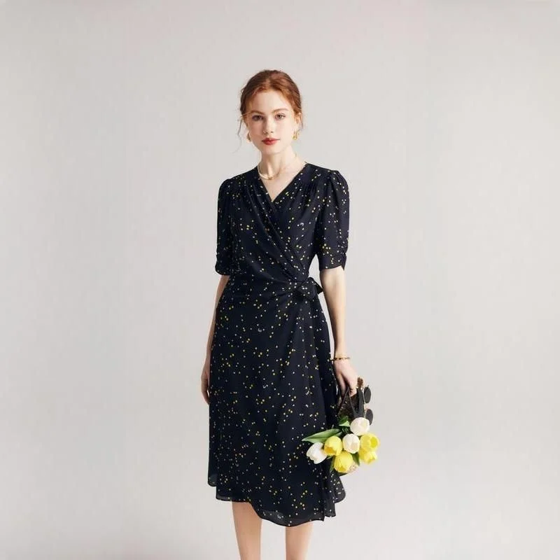 Black Polka Dot Silk Wrap Dress Stylish Wrap Dress for Weddings