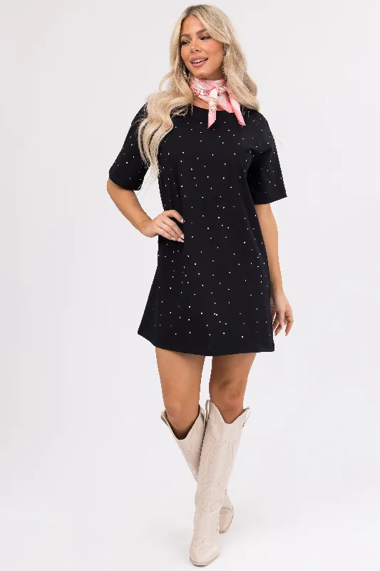 Black Studded Short Sleeve Mini Dress Trendy Off-Shoulder Dress Mini