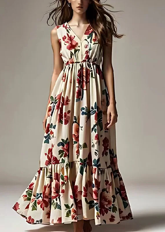 Bohemian Beige Print Wrinkled Cotton Maxi Dresses Sleeveless Elegant Floral Maxi Dress