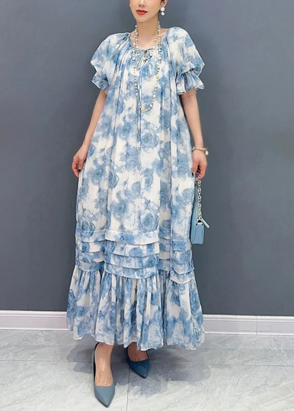 Bohemian Blue O-Neck Ruffled Patchwork Print Chiffon Maxi Dresses Summer Comfortable T-Shirt Maxi Dress Bohemian Blue O-Neck Ruffled Patchwork Print Chiffon Maxi Dresses Summer Comfortable T-Shirt Maxi Dress