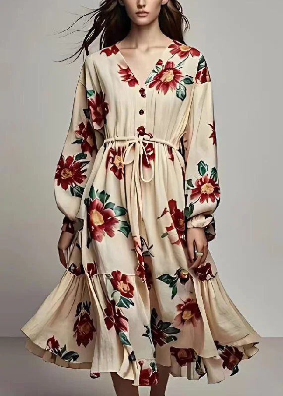 Bohemian Khaki V Neck Lace Up Print Cotton Maxi Dress Long Sleeve Fashionable Off-Shoulder Maxi Dress Bohemian Khaki V Neck Lace Up Print Cotton Maxi Dress Long Sleeve Fashionable Off-Shoulder Maxi Dress