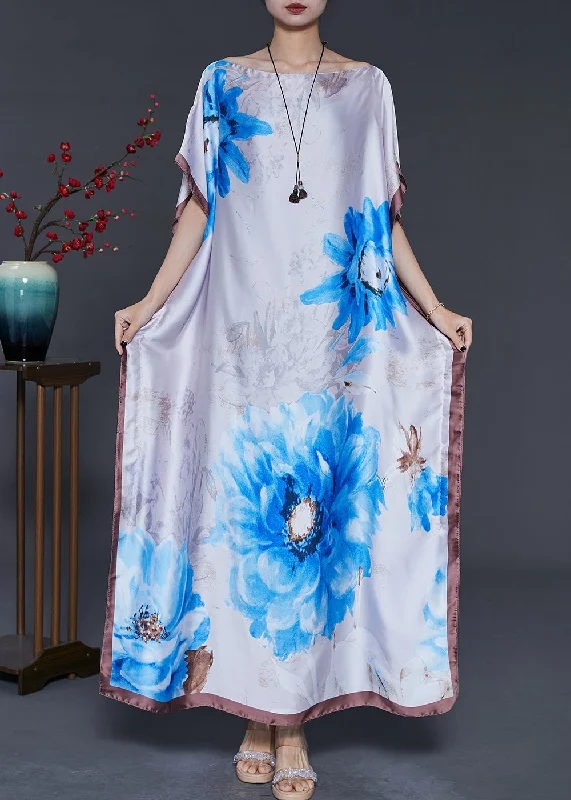 Bohemian White Flower Print Silk Maxi Dresses Summer Chic Sleeveless Maxi Dress