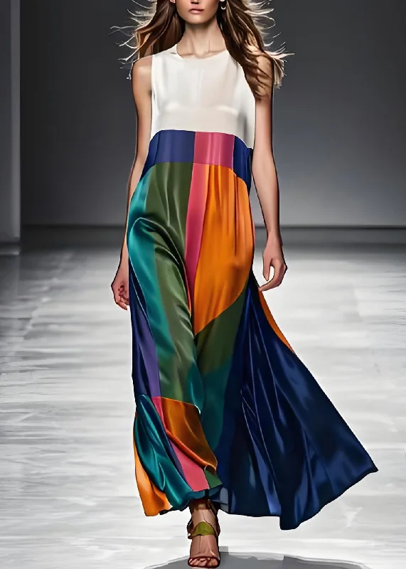 Boho Colorblock O Neck Patchwork Silk Maxi Dresses Sleeveless Elegant Maxi Dress with Lace Boho Colorblock O Neck Patchwork Silk Maxi Dresses Sleeveless Elegant Maxi Dress with Lace