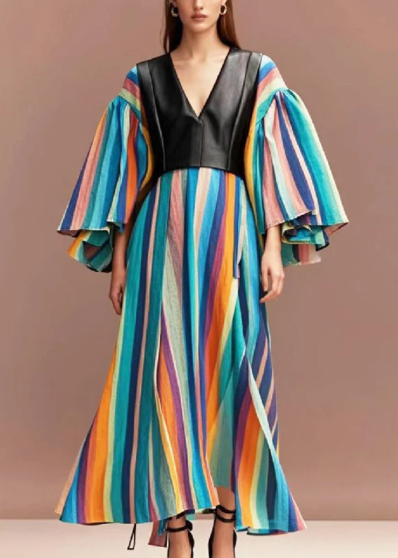 Boho Rainbow Striped Patchwork PU Cotton Maxi Dresses Flare Sleeve Comfortable Fitted Maxi Dress Boho Rainbow Striped Patchwork PU Cotton Maxi Dresses Flare Sleeve Comfortable Fitted Maxi Dress