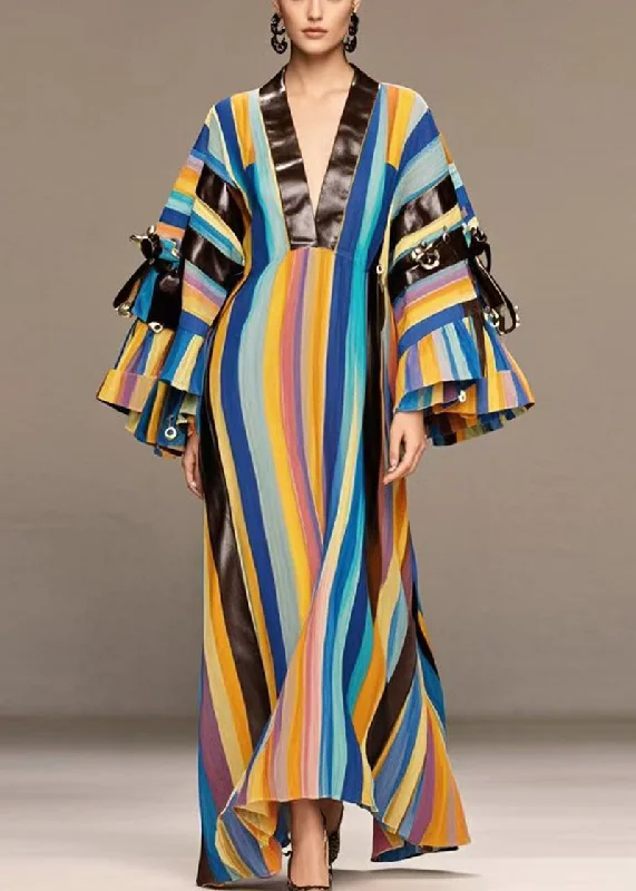 Boho Rainbow Striped Patchwork PU Rivet Cotton Maxi Dresses Fall Stylish V-Neck Maxi Dress Boho Rainbow Striped Patchwork PU Rivet Cotton Maxi Dresses Fall Stylish V-Neck Maxi Dress