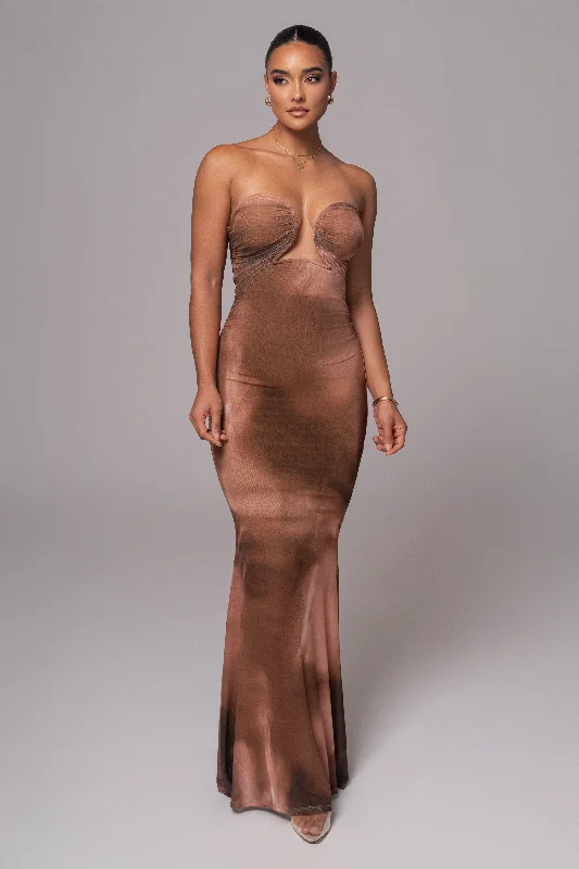 Brown Abstract Bethany Strapless Maxi Dress Fashionable Faux Wrap Maxi Dress