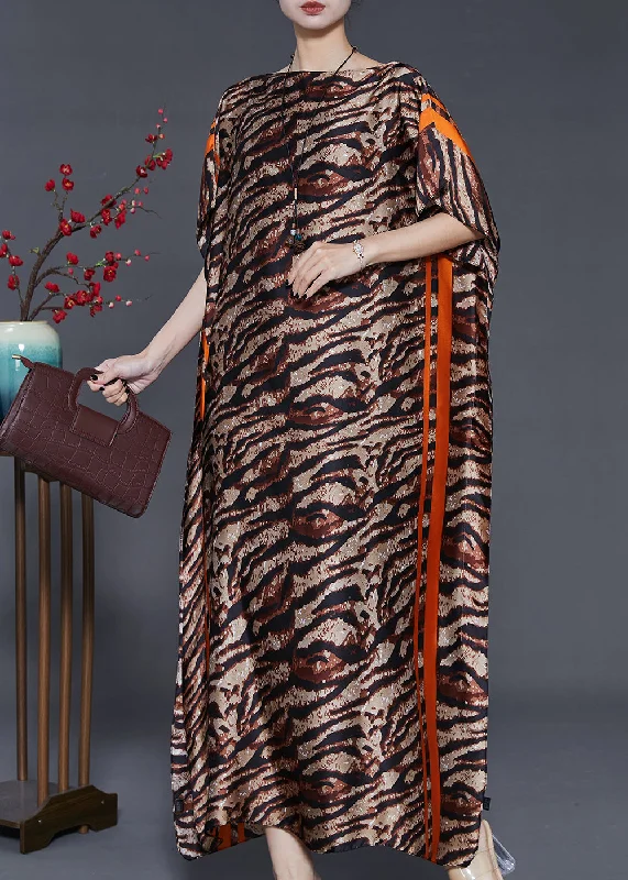 Brown Leopard Print Silk Maxi Dresses Slash Neck Summer Stylish A-Line Maxi Dress
