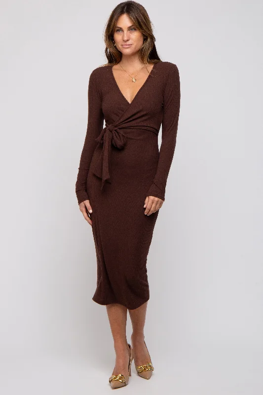 Brown Ribbed Long Sleeve Wrap Dress Elegant Stretch Wrap Dress