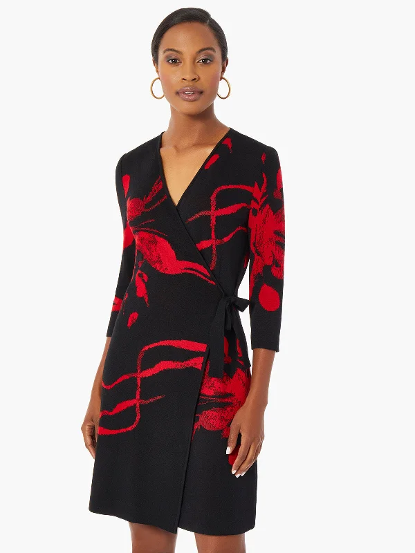 Brushstroke Pattern Knit Faux Wrap Dress Stylish Satin Wrap Dress