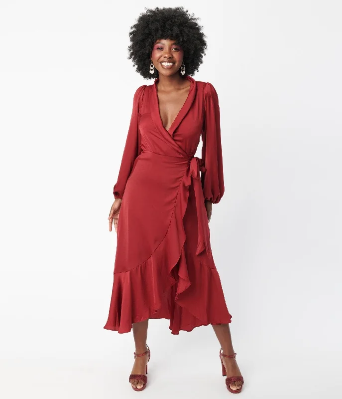 Burgundy Ruffle Midi Wrap Dress Elegant Sheer Sleeve Wrap Dress