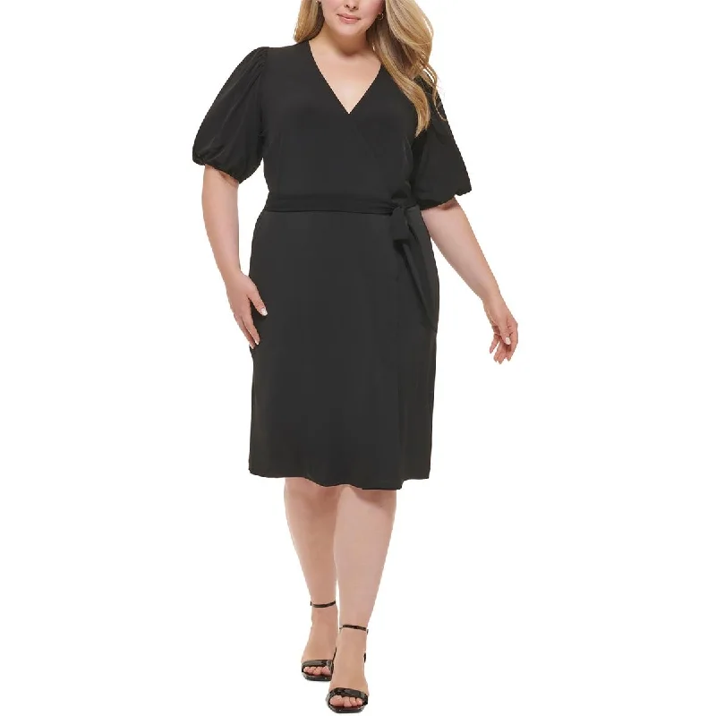 Calvin Klein Womens Plus Belted Midi Wrap Dress Classic Black Wrap Dress