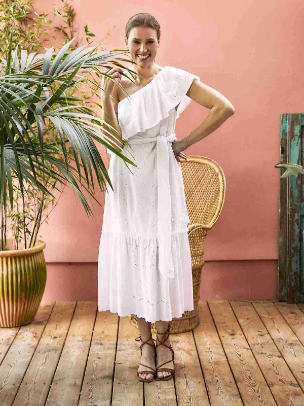 Carmen Organic Cotton Broderie Maxi Dress - White Elegant Maxi Dress with Drapes