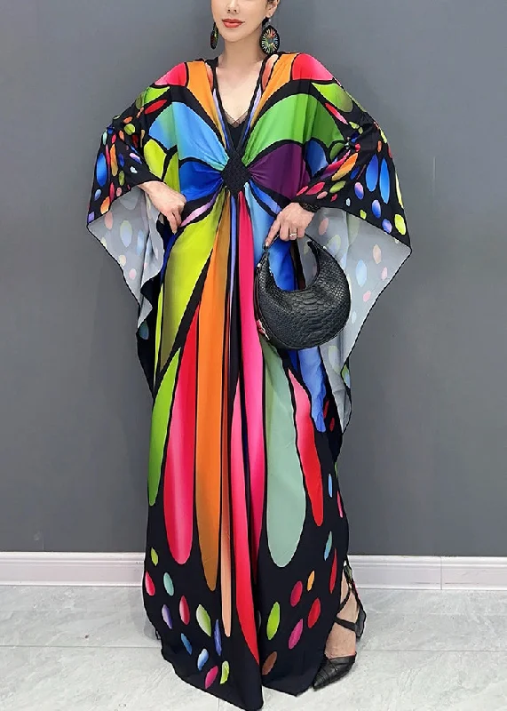 Chic Colorblock V Neck Print Cotton Maxi Dresses Batwing Sleeve Trendy Fit-and-Flare Maxi Dress Chic Colorblock V Neck Print Cotton Maxi Dresses Batwing Sleeve Trendy Fit-and-Flare Maxi Dress
