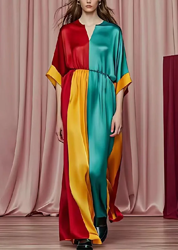 Chic Red V Neck Patchwork Silk Maxi Dresses Half Sleeve Trendy Maxi Dress with Straps