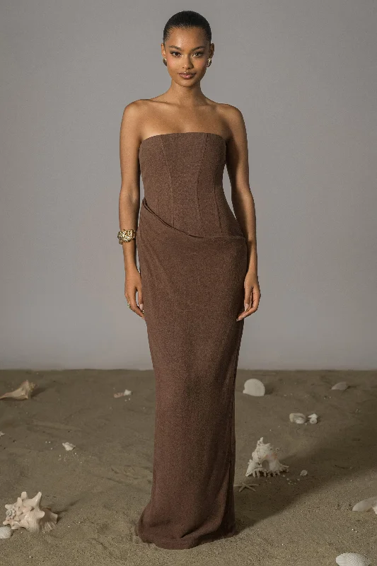 Chocolate Journey Linen Maxi Dress Comfortable Ruffle Hem Maxi Dress