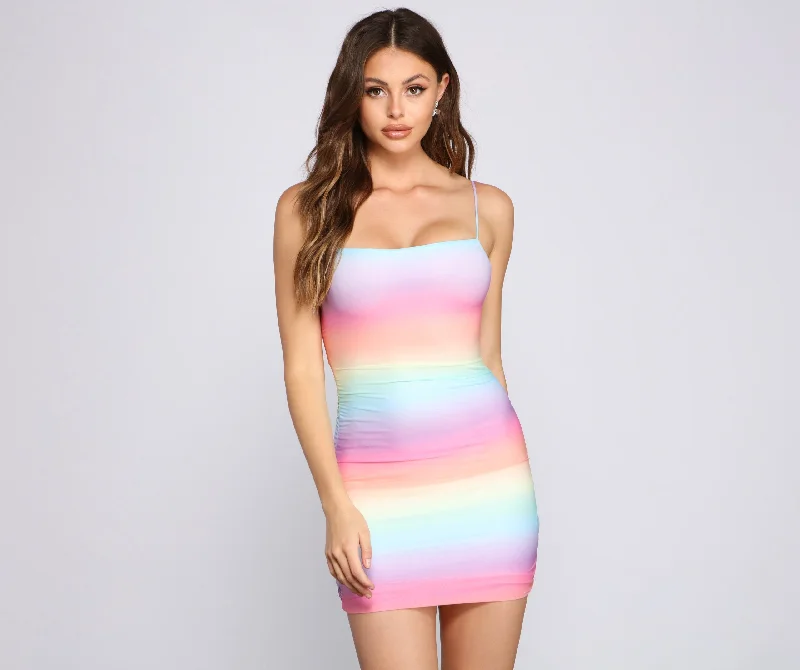 Rainbow Tie Dye Charming Mesh Mini Dress Fashionable Off-Shoulder Mini Dress