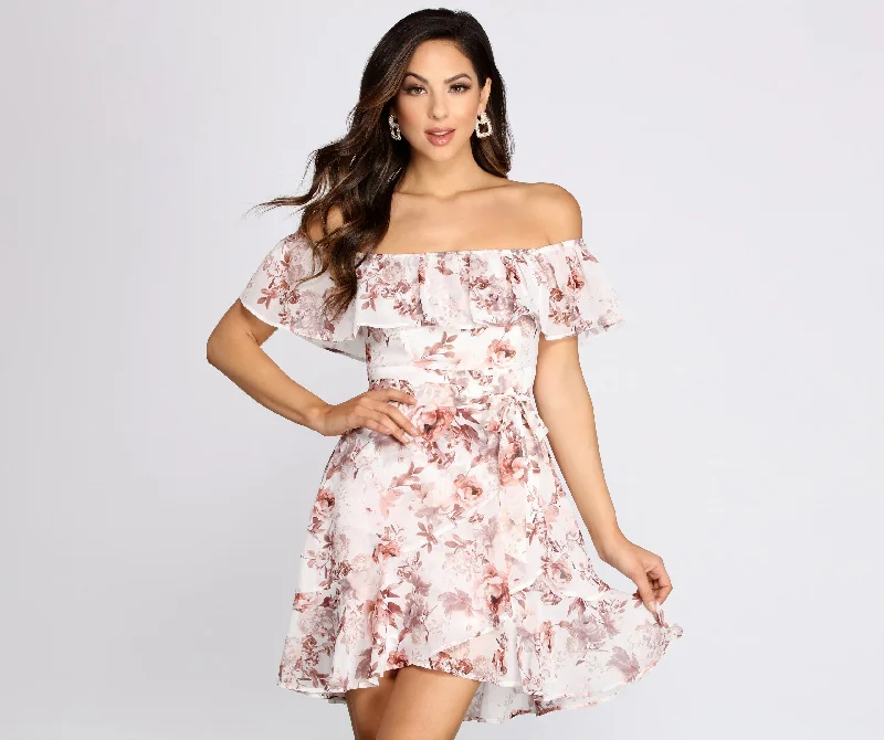 Playful Petals Floral Chiffon Graceful Off Shoulder Mini Dress Chic Bohemian Mini Dress