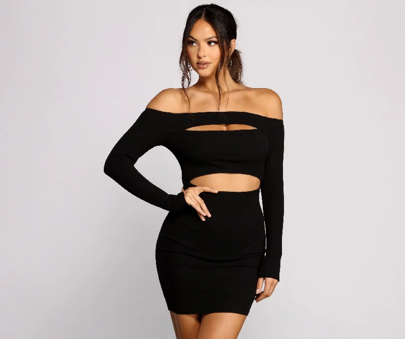 Off The Shoulder Ribbed Graceful Knit Cutout Mini Dress Elegant Vintage Mini Dress