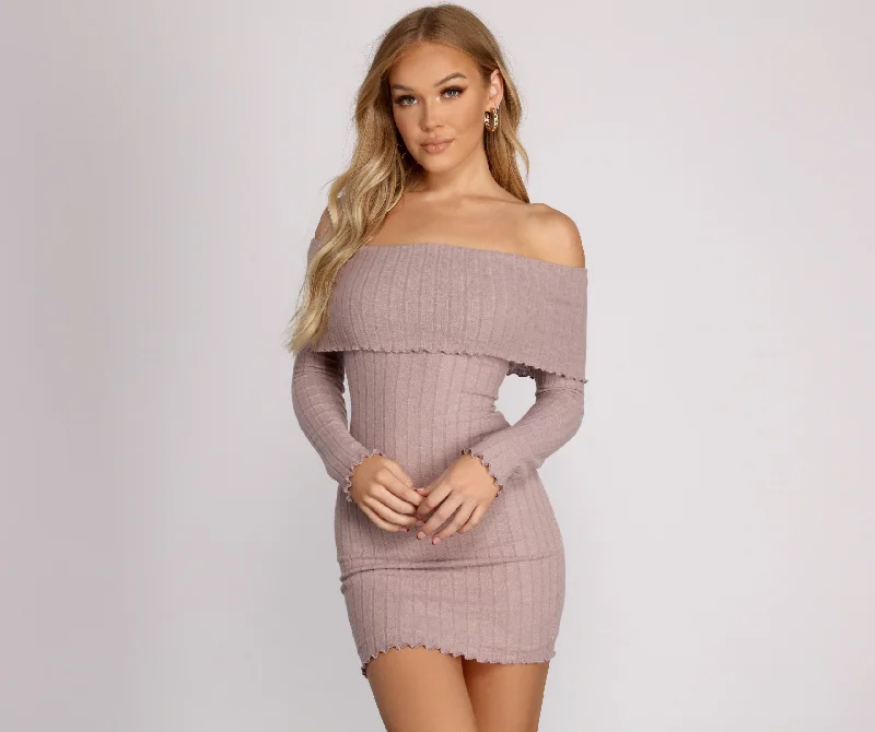 Off The Shoulder Charming Brushed Knit Mini Dress Elegant Satin Lace Mini Dress