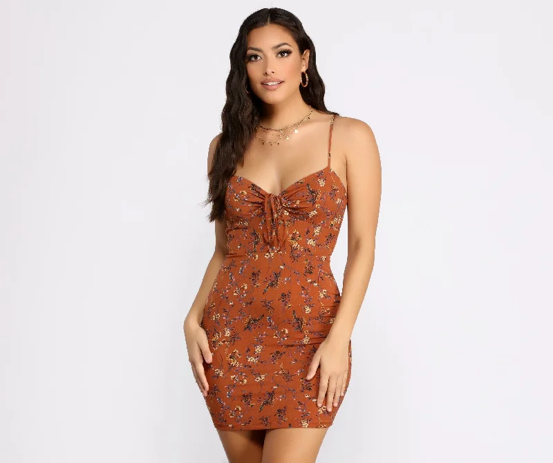 Dreamy In Florals Charming Tie Front Mini Dress Comfortable Off-Shoulder Mini Dress