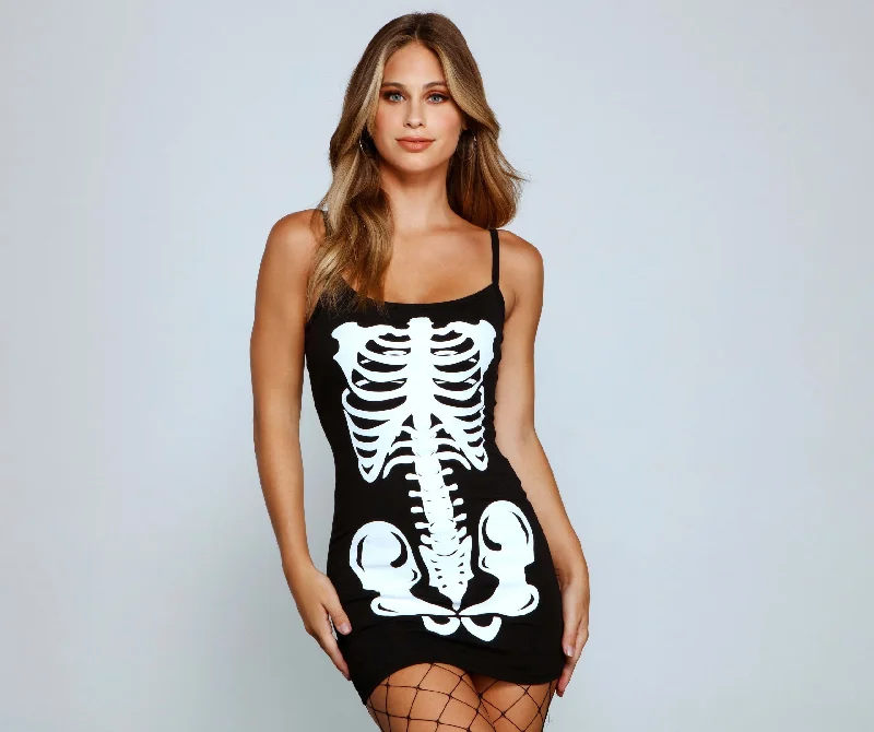 Glam Ghoul Skeleton Charming Print Mini Dress Elegant Floral-Print Mini Dress