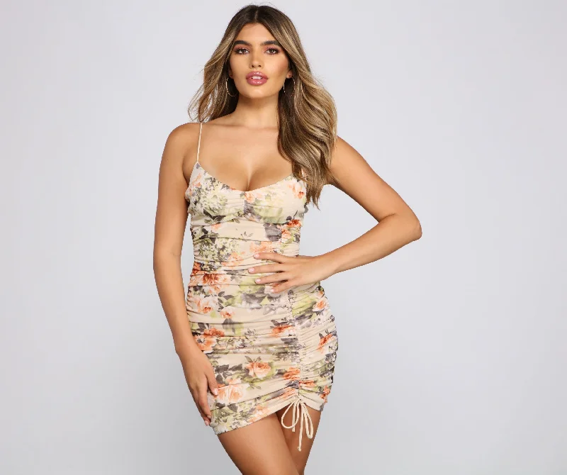 Floral Mood Stylish Ruched Mini Dress Trendy Off-Shoulder Dress Mini