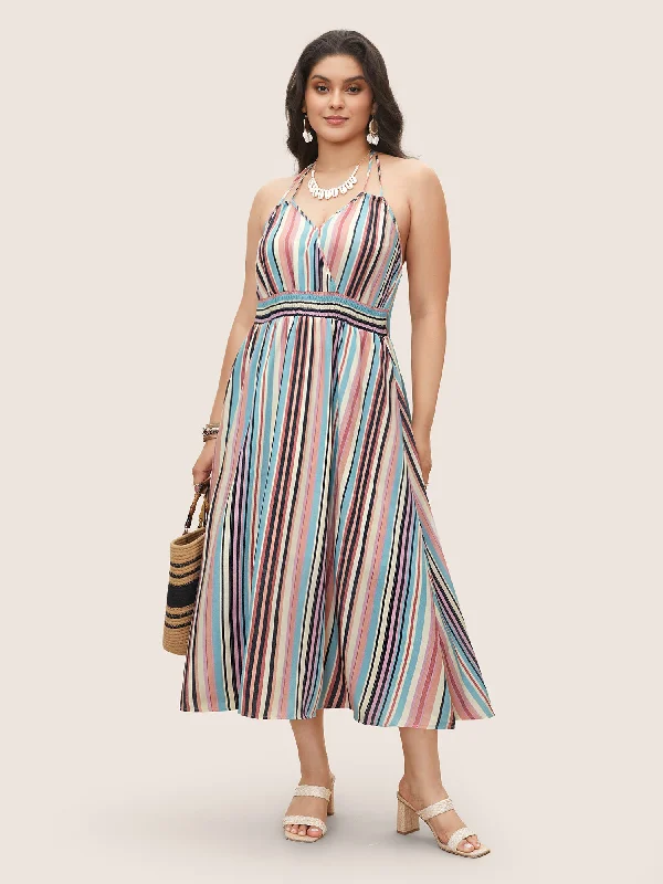 Colored Striped Halter Neck Shirred Wrap Dress Fashionable Wrap Dress with Belt