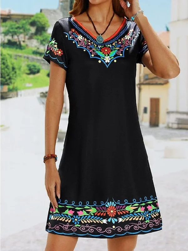 Cotton Mini Dress with Floral Embroidery Cozy Knitted Mini Dress