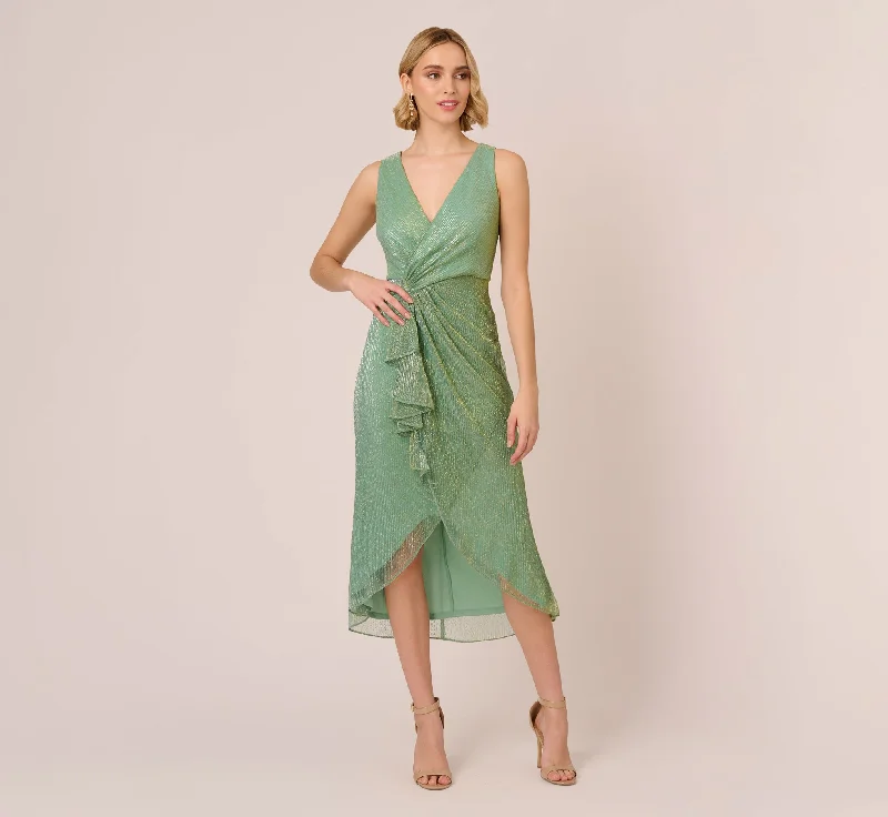 Crinkle Metallic Faux Wrap Dress With Draped Detail In Green Slate Fashionable Casual Wrap Dress