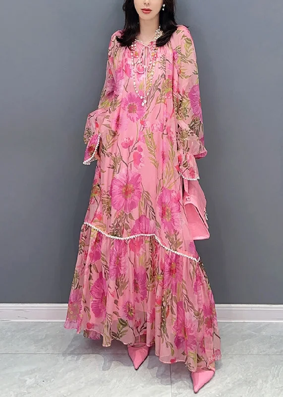 Cute Pink O-Neck Print Nail Bead Chiffon Maxi Dresses Long Sleeve Stylish Longline Maxi Dress Cute Pink O-Neck Print Nail Bead Chiffon Maxi Dresses Long Sleeve Stylish Longline Maxi Dress