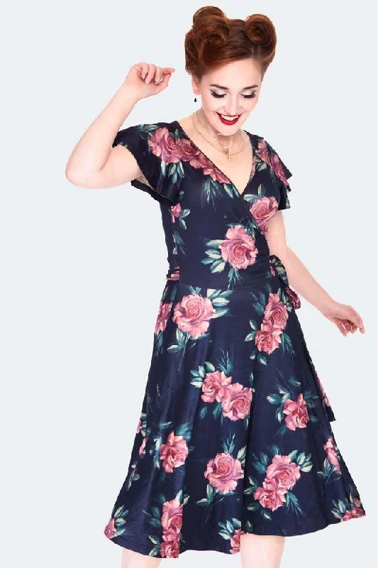 Dark Floral Flutter Sleeve Wrap Dress Fashionable Floral Flare Wrap Dress