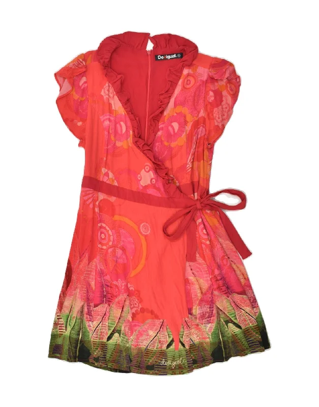 DESIGUAL Womens Wrap Dress EU 40 Medium Red Floral Viscose Chic Floral Print Wrap Dress