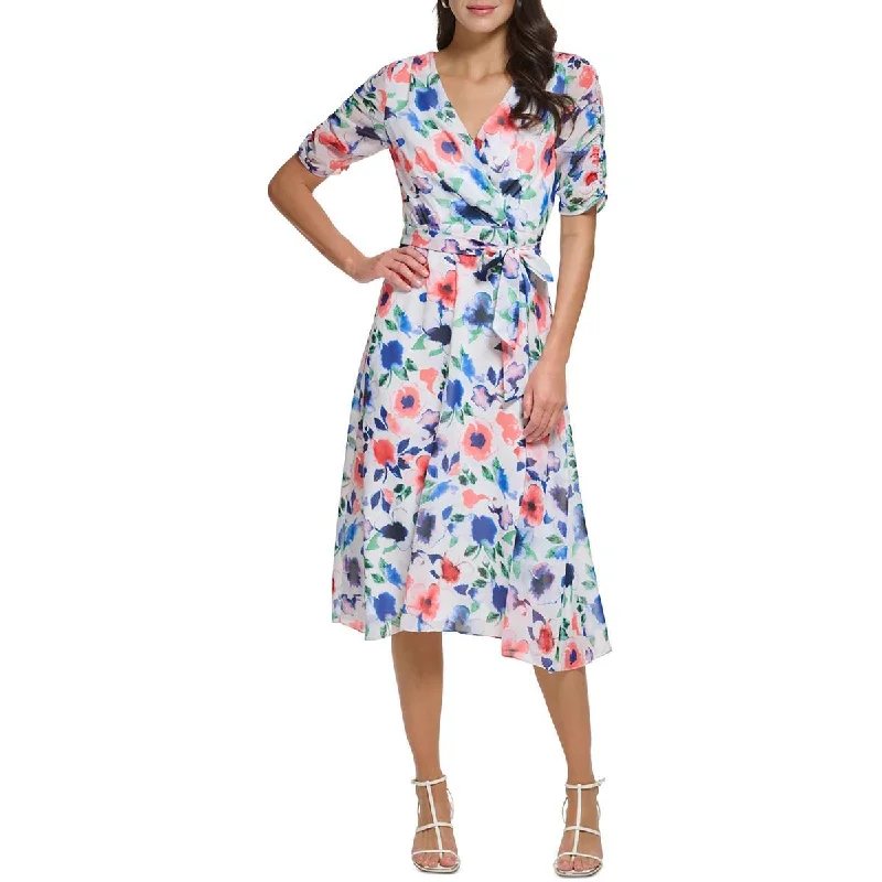 DKNY Womens Petites Faux Wrap Floral Wrap Dress Elegant Sheer Sleeve Wrap Dress