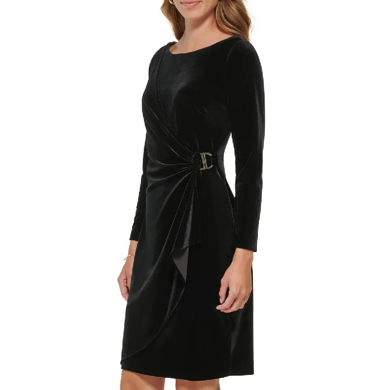 DKNY Womens Velvet Midi Wrap Dress Trendy Wrap Dress with Frill