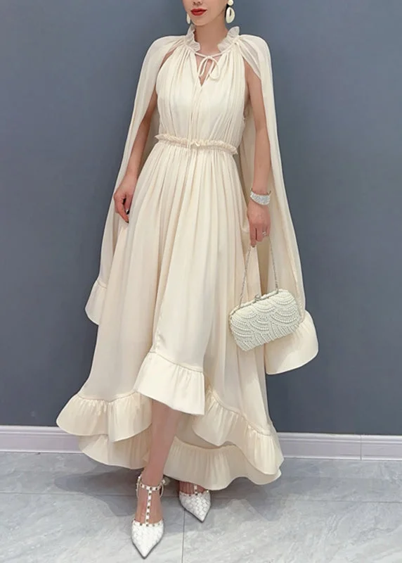 Elegant Apricot Ruffled Patchwork Elastic Waist Chiffon Maxi Dress Summer Classic A-Line Maxi Dress