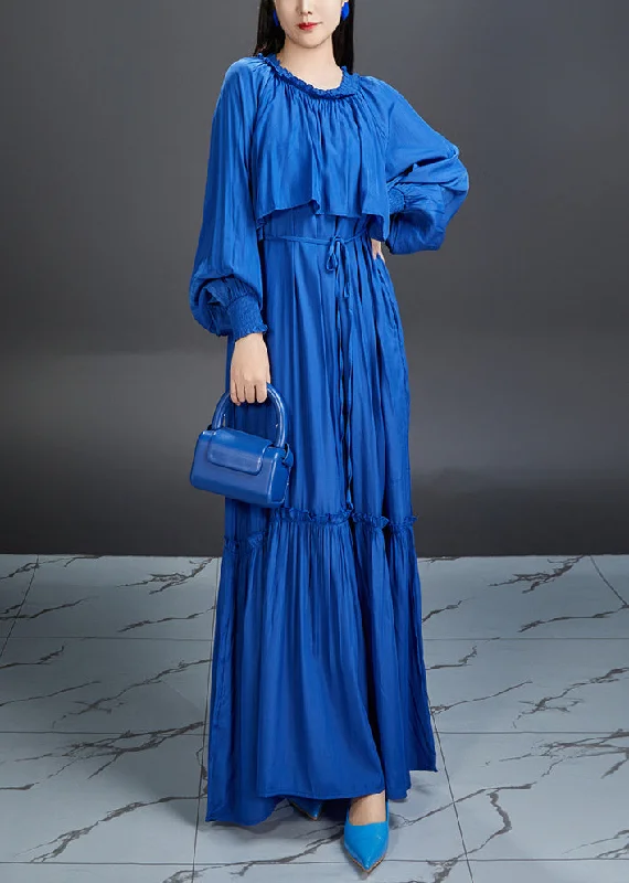 Elegant Blue Ruffled Tie Waist Cotton Maxi Dress Fall Trendy V-Neck Maxi Dress