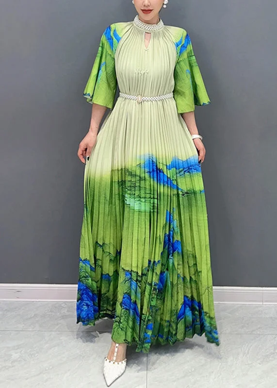 Elegant Green Turtleneck Print Tie Waist Maxi Dress Half Sleeve Elegant Sleeveless Maxi Dress