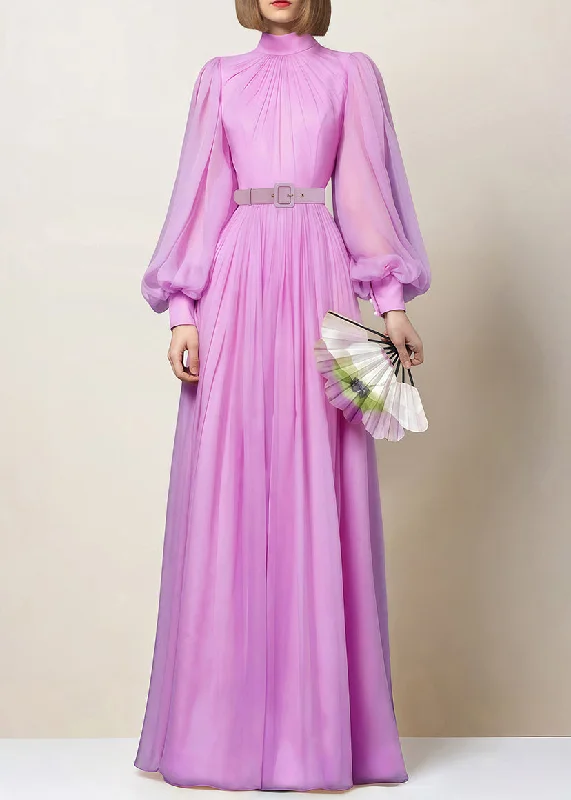 Elegant Pink Zippered Wrinkled Chiffon Maxi Dresses Fall Elegant Wraparound Maxi Dress