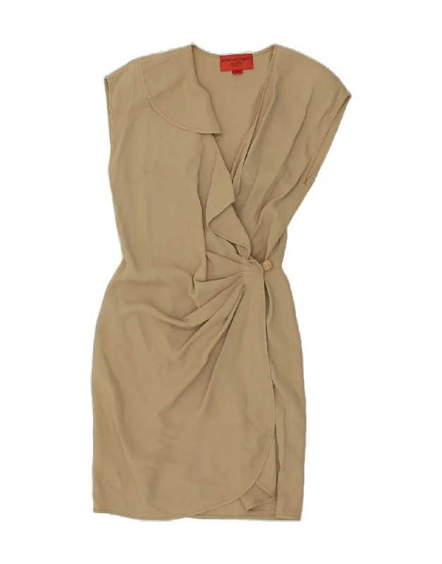 EMANUEL UNGARO Womens Sleeveless Wrap Dress UK 10 Small Beige Fashionable Long Wrap Dress