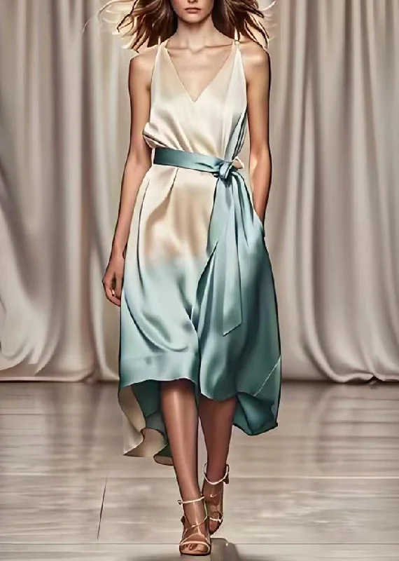 Fashion Gradient Color Tie Waist Draping Silk Maxi Dresses Summer Elegant Maxi Dress with Ruffles Fashion Gradient Color Tie Waist Draping Silk Maxi Dresses Summer Elegant Maxi Dress with Ruffles
