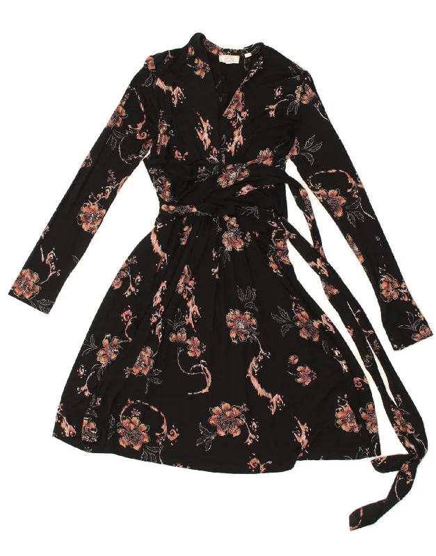 FAT FACE Womens Long Sleeve Wrap Dress UK 8 Small Black Floral Viscose Elegant Wrap Dress with Sleeves