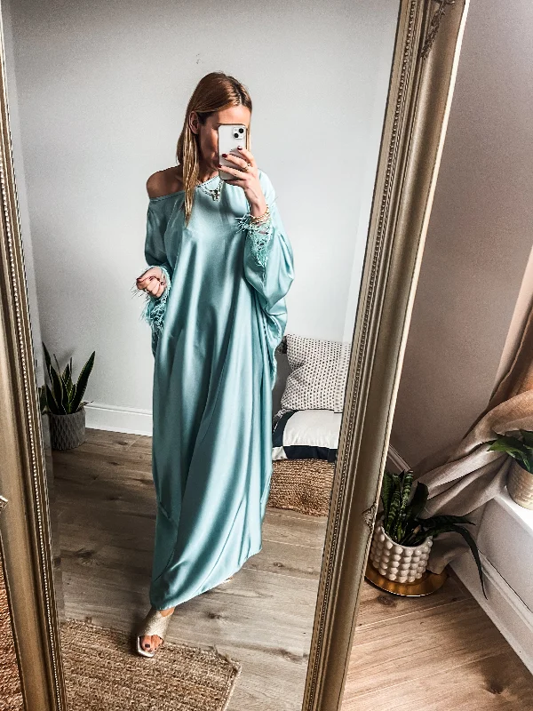 Feather Trim Satin Kaftan Maxi Dress Stylish Maxi Dress with Pleats