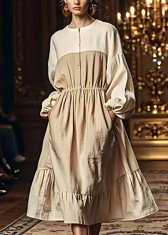 Fitted Khaki Oversized Patchwork Linen Maxi Dresses Fall Chic Boho Print Maxi Dress