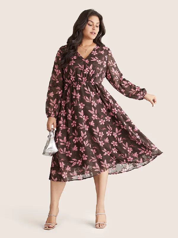 Floral Mesh Patchwork Lantern Sleeve Wrap Dress Cozy Wrap Dress for Winter