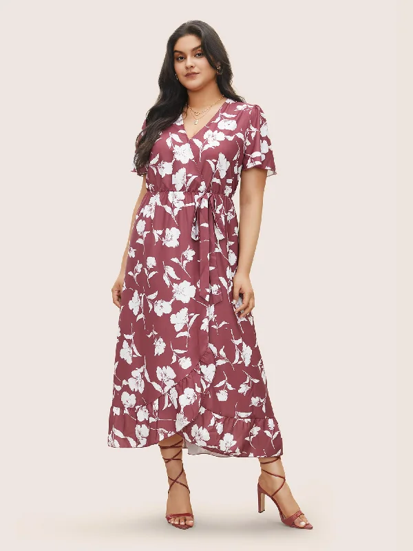 Floral Ruffle Knot Side Wrap Dress Stylish Lace Detail Wrap Dress